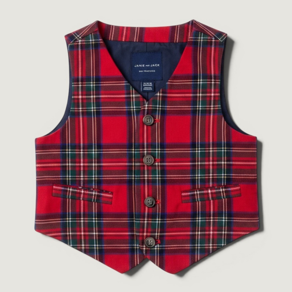 Janie and Jack Plaid Formal Wool Vest‎ Boys 12-18 Months Red Excellent Tartan